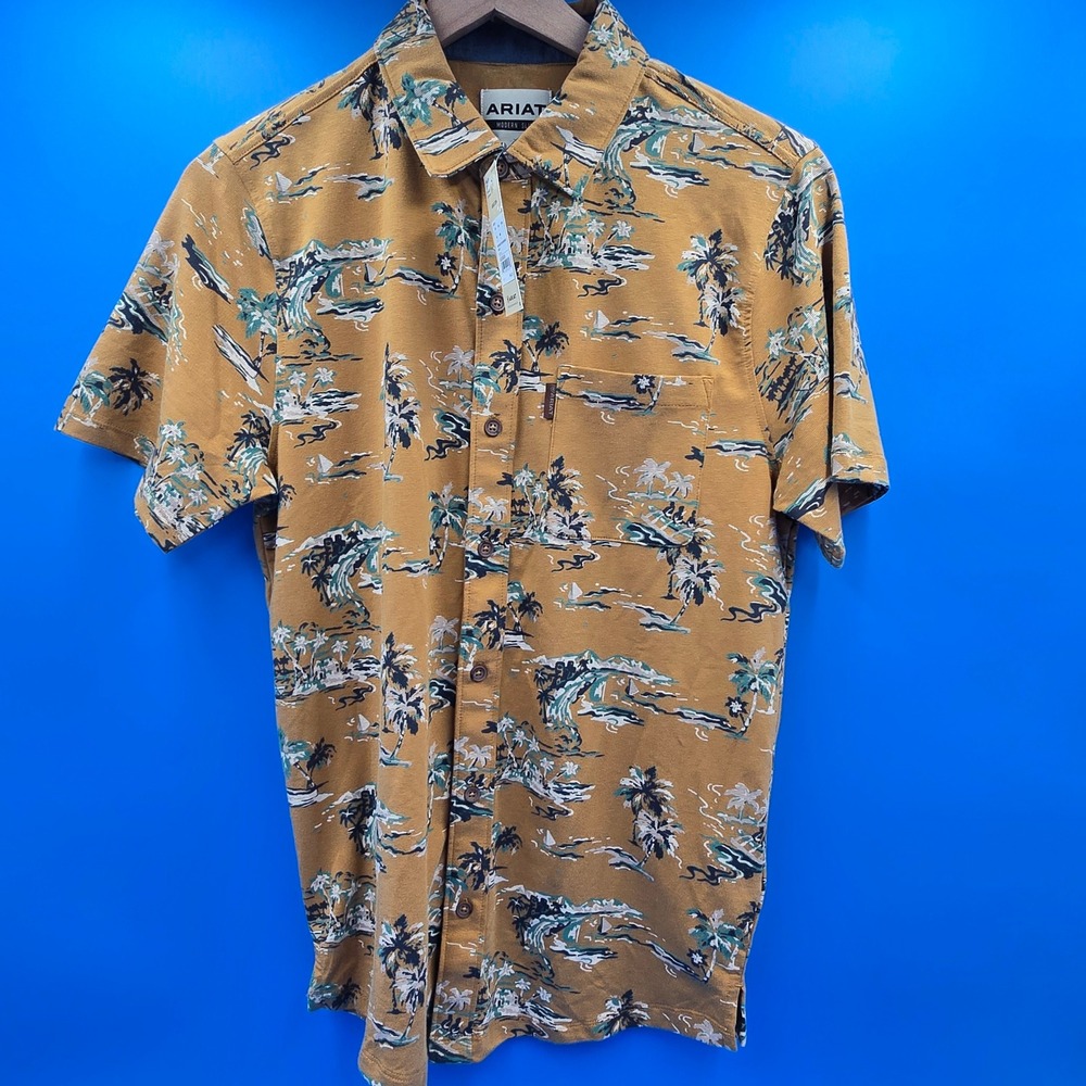 Ariat Mens Retro Button Down Shirt S Modern Slim SS Mocha Tropical Palm Tree NWT - Picture 11 of 11
